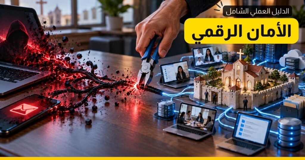 أمن المعلومات والأجهزة والبيانات للخدمات والقادة: الدليل العملي الشامل (٢٠٢٦) 2 arab christian ministry cybersecurity guide SparkTech