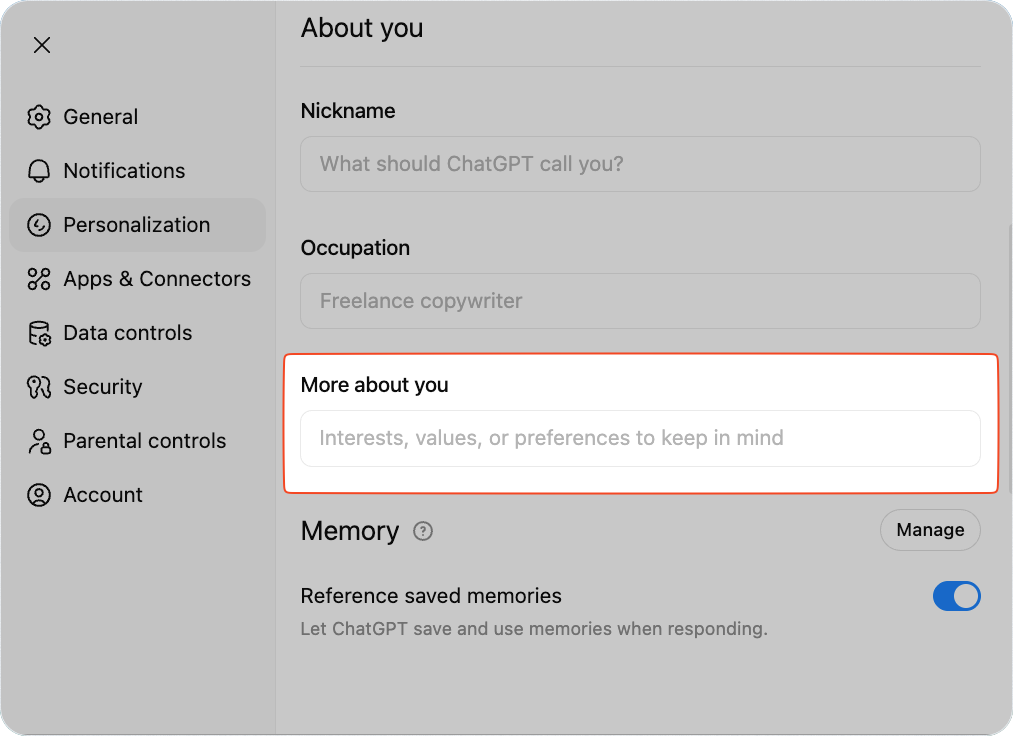 تخصيص ChatGPT لاحتياجاتك واسلوبك، مع أفضل الممارسات والأمثلة لنتائج أفضل وهلوسة أقل 20 ChatGPT Custom instructions En More about you