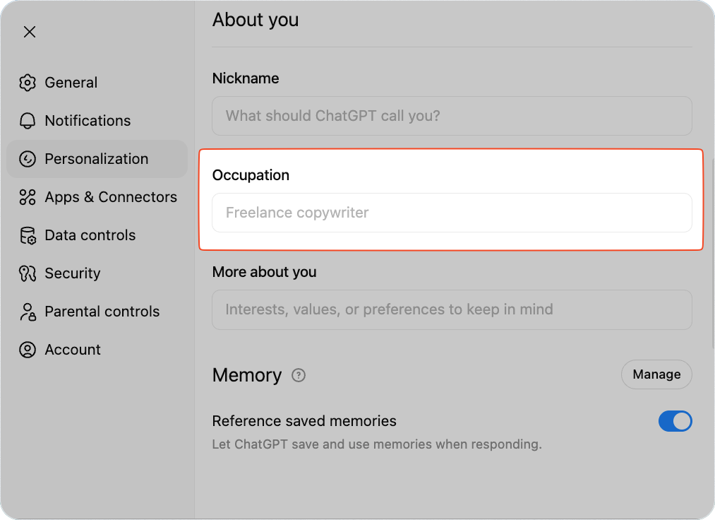 تخصيص ChatGPT لاحتياجاتك واسلوبك، مع أفضل الممارسات والأمثلة لنتائج أفضل وهلوسة أقل 19 ChatGPT Custom instructions En Occupation