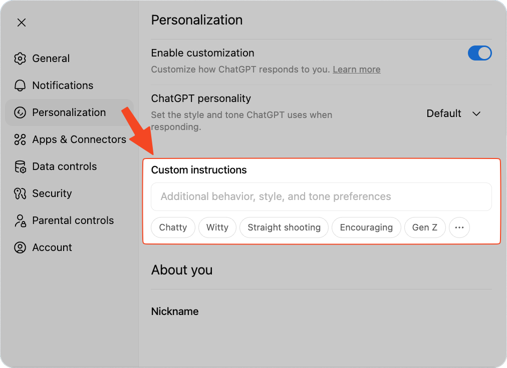 تخصيص ChatGPT لاحتياجاتك واسلوبك، مع أفضل الممارسات والأمثلة لنتائج أفضل وهلوسة أقل 18 ChatGPT custom instructions interface