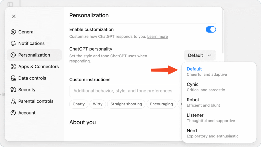 تخصيص ChatGPT لاحتياجاتك واسلوبك، مع أفضل الممارسات والأمثلة لنتائج أفضل وهلوسة أقل 17 ChatGPT personality settings