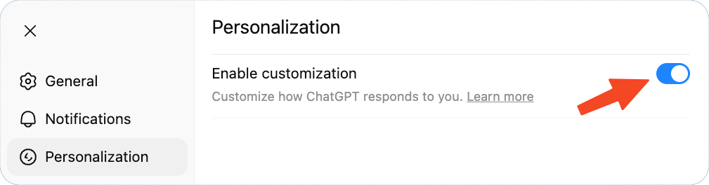تخصيص ChatGPT لاحتياجاتك واسلوبك، مع أفضل الممارسات والأمثلة لنتائج أفضل وهلوسة أقل 16 Enable ChatGPT customization
